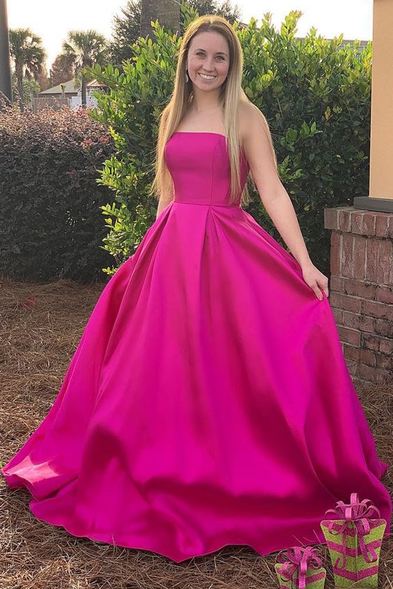 hot pink strapless prom dress